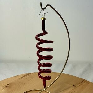 Vintage Blown Glass Corkscrew Curly Ornament Red Large Coil Christmas Spiral 7”